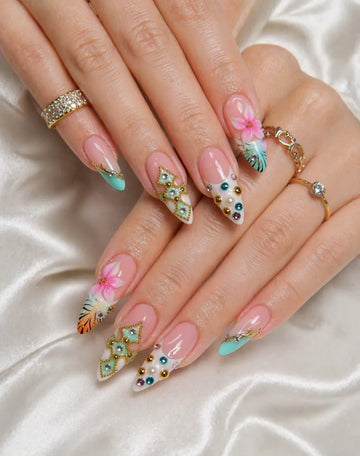 Tropical Bloom | Handmade 3D Pink Floral Rhinestone Y2K Press-On Nails