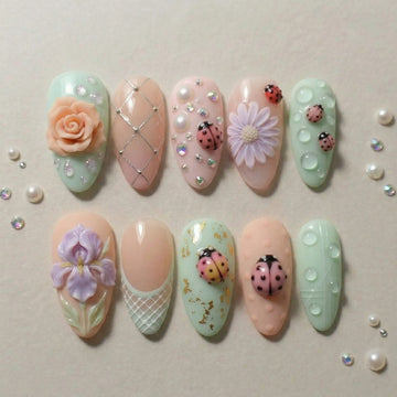 Garden Dew | Handmade 3D Water Droplet Ladybug Floral Press-On Nails