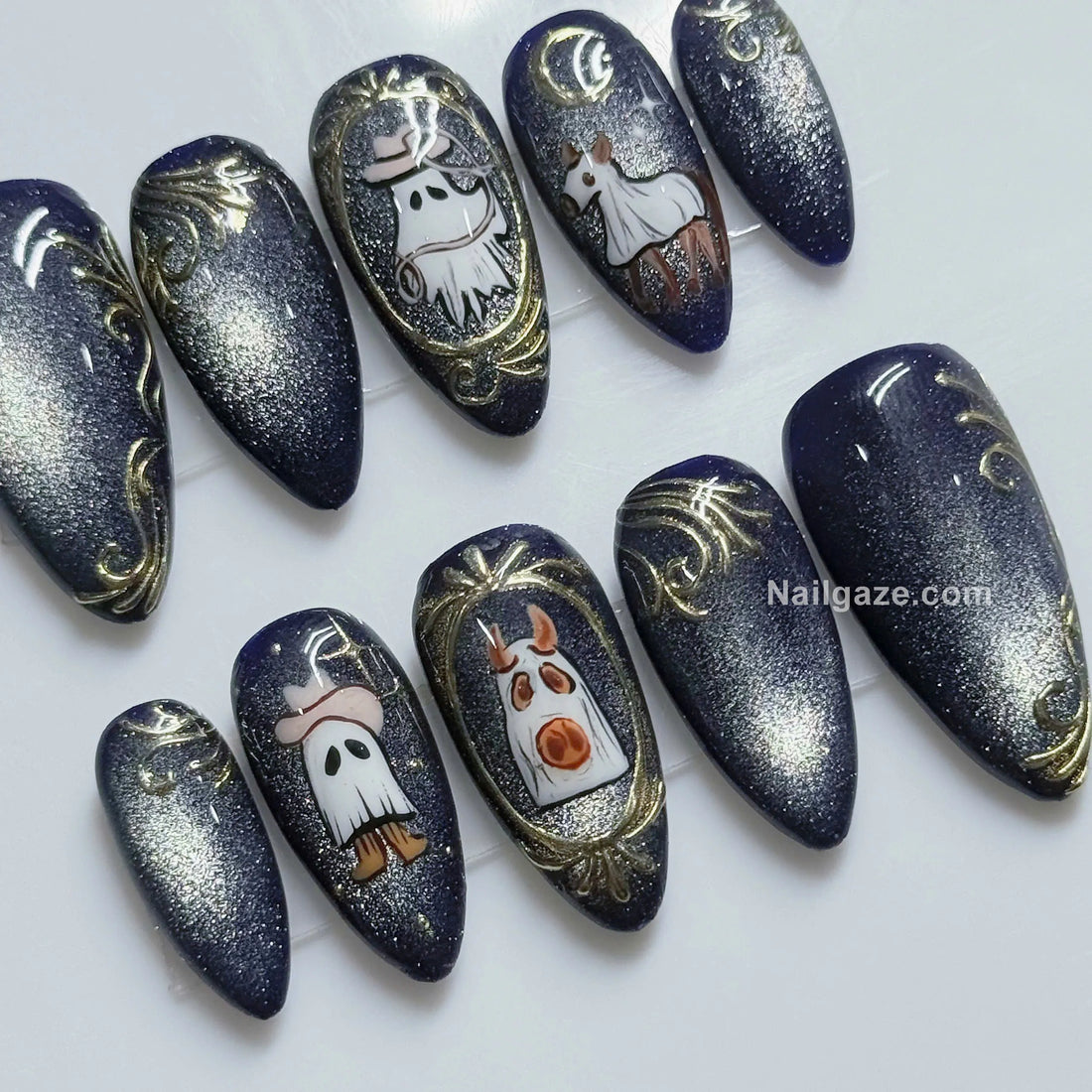 Cosmic Cowboy | Handmade Navy Blue Cat Eye Ghost Vintage Press-On Nails