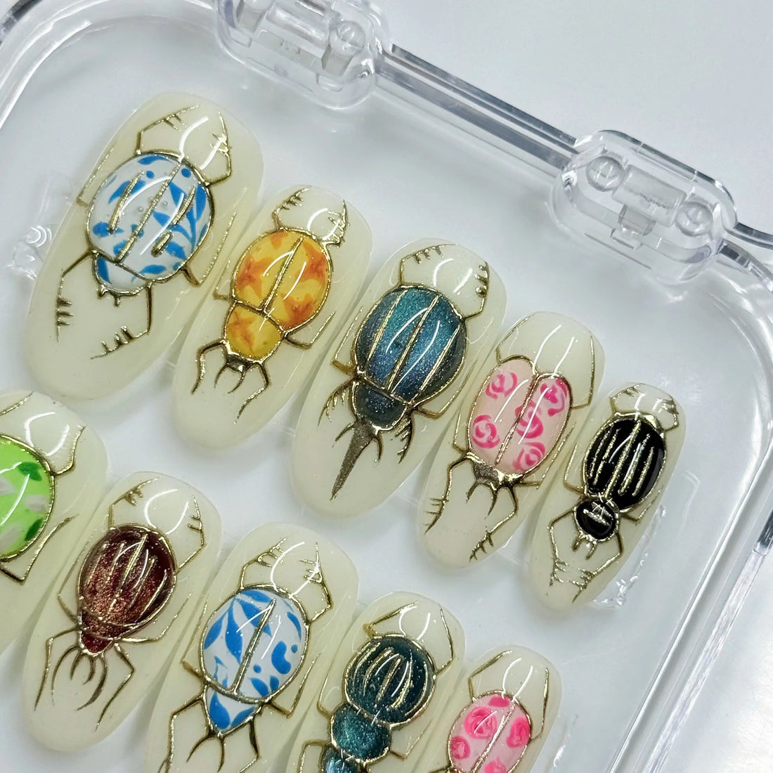 Golden Scarab | Handmade 3D Scarab Beetle Gold Chrome Insect Press-On Nails