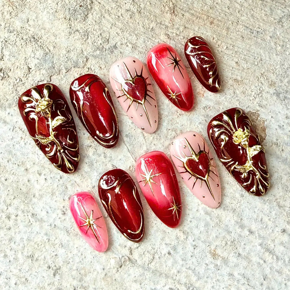 Sacred Heart | Handmade Deep Red Gold Valentine Press-On Nails