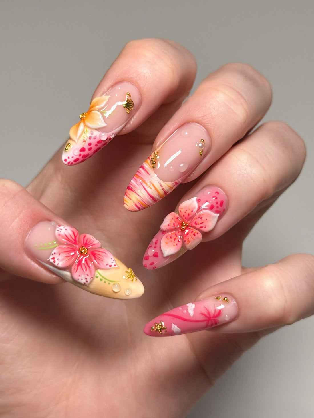 Tropic Hibiscus | Handmade Pink Summer 3D Floral Beach Press-On Nails
