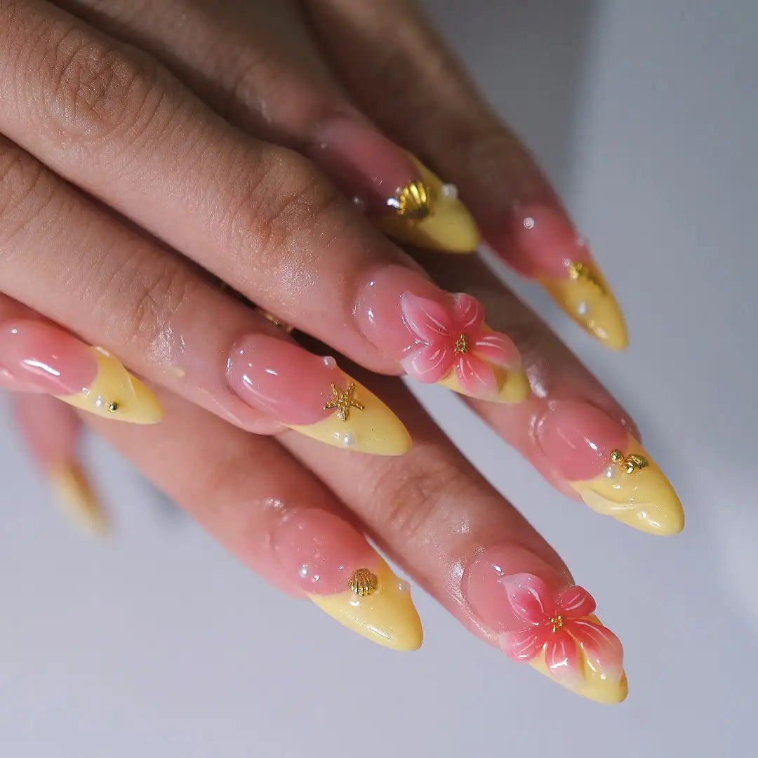 Golden Sunrise | Handmade Pink Yellow 3D Floral Press-On Nails