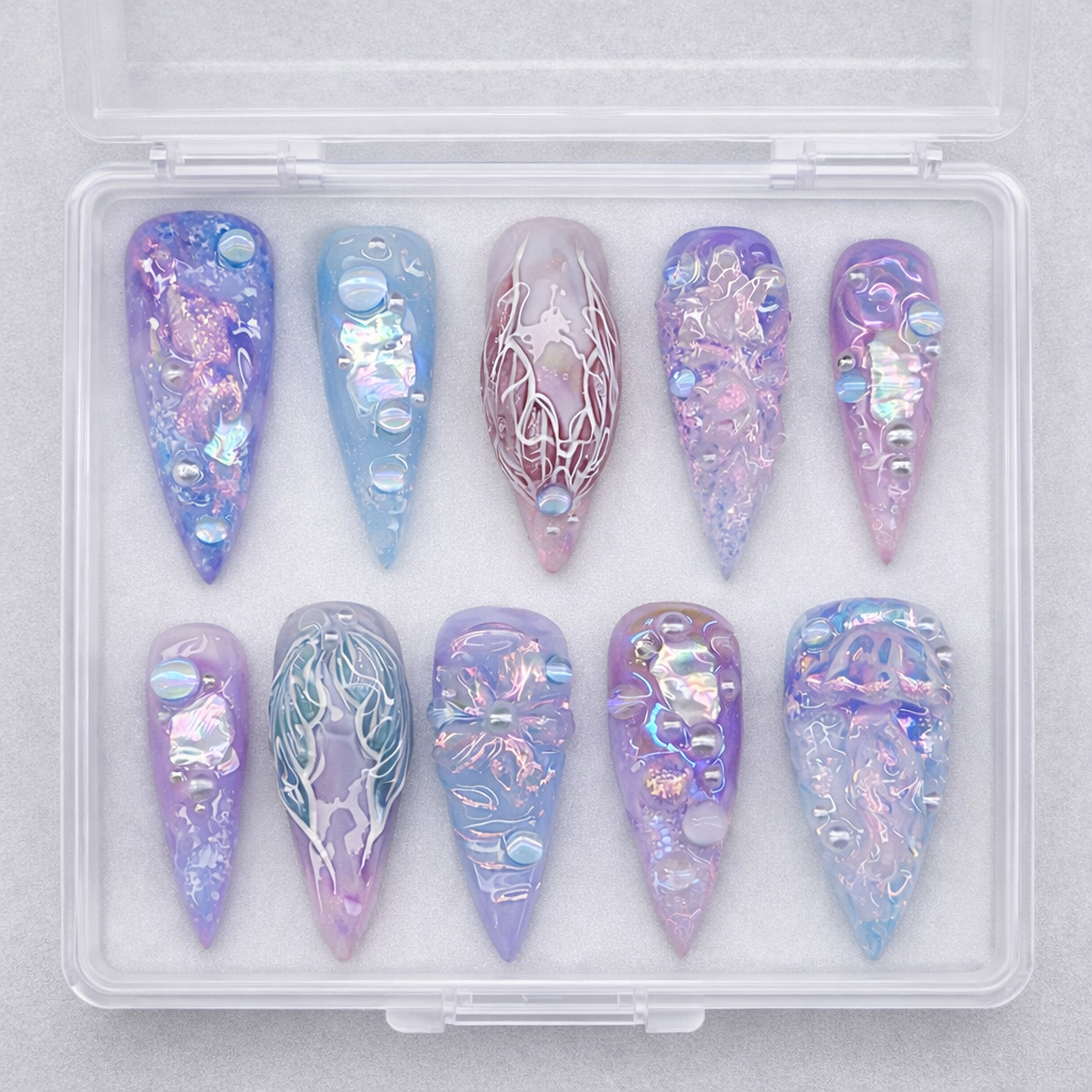 Siren Tide | Handmade 3D Textured Jellyfish Purple Iridescent Press-On Nails