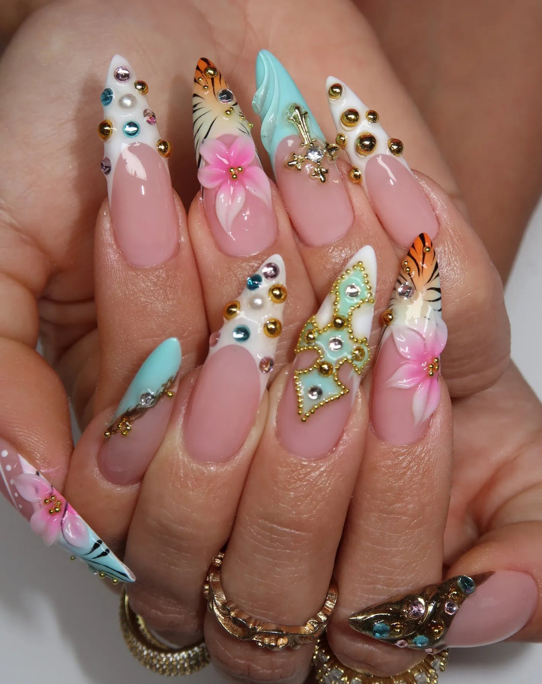 Tiger Bloom | Handmade Y2K Tiger Print 3D Rhinestone Press-On Nails