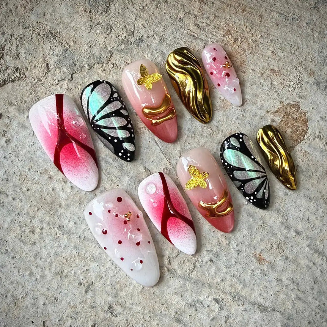 Chrome Butterfly | Handmade Red Gold Mix Almond Press-On Nails