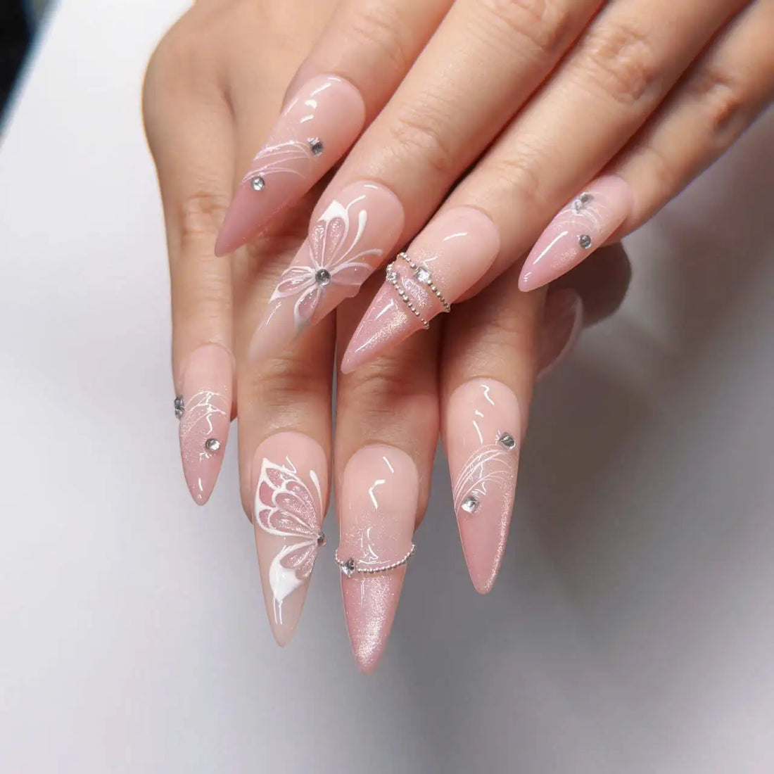 Silver Butterfly | Handmade Nude Pink Cat Eye Press-On Nails