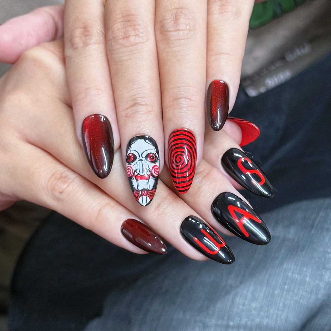 Crimson Game | Handmade Horror Movie Puppet Spiral Black Red Cat Eye Press-On Nails