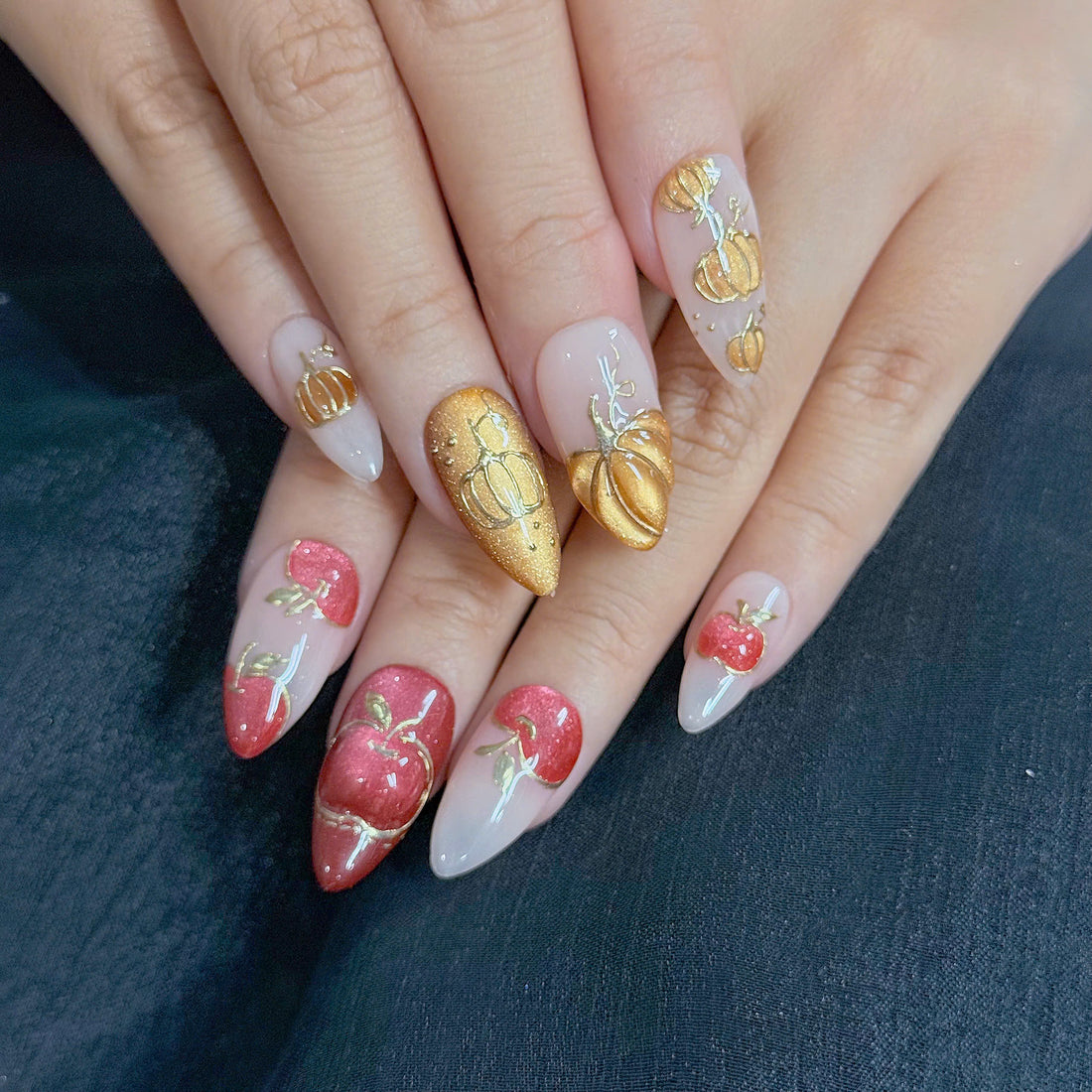Autumn Glow | Handmade Cat Eye Gold Pumpkin Apple Fall Press-On Nails (Copy)