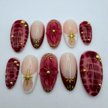 Textured Animal | Handmade Deep Red Gold Floral Press-On Nails