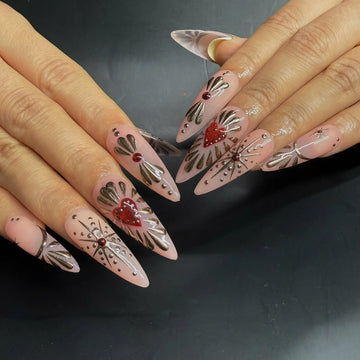 Sacred Heart | Handmade Red Glitter Gold Chrome Press-On Nails