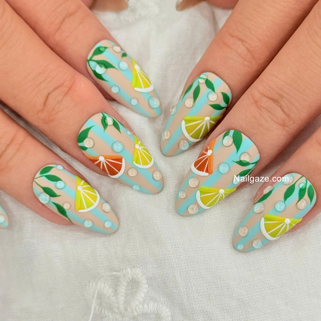 Citrus Breeze | Handmade 3D Lemon Orange Matte Striped Press-On Nails