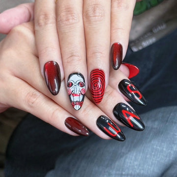 Crimson Game | Handmade Horror Movie Puppet Spiral Black Red Cat Eye Press-On Nails
