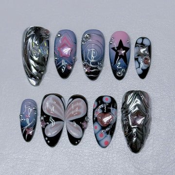 Cyber Fairy | Handmade Silver Chrome Y2K Butterfly Press-On Nails