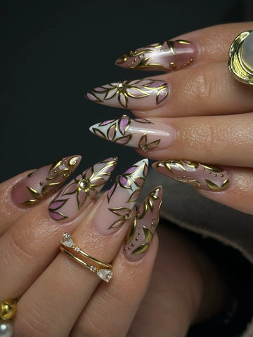 Amethyst Bloom | Handmade 3D Gold Floral Purple Glitter Botanical Press-On Nails