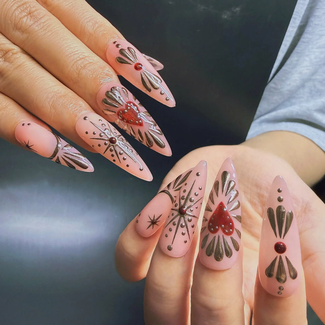Sacred Heart | Handmade Red Glitter Gold Chrome Press-On Nails