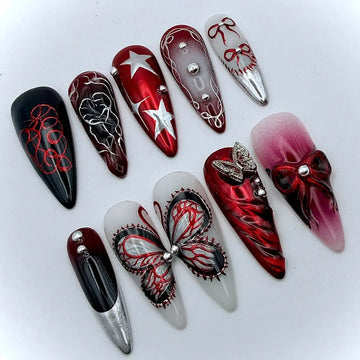Chrome Butterfly | Handmade Red Black Star Custom Press-On Nails