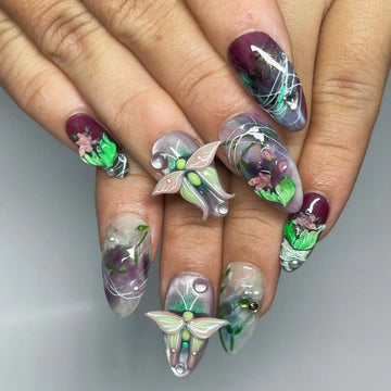 Elven Fantasy | Handmade 3D Moth Purple Green Press-On Nails