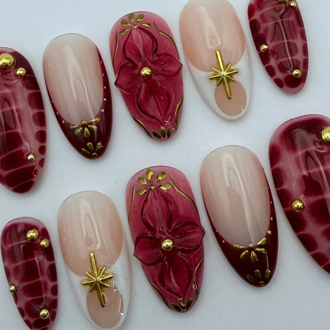 Textured Animal | Handmade Deep Red Gold Floral Press-On Nails