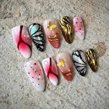 Chrome Butterfly | Handmade Red Gold Mix Almond Press-On Nails