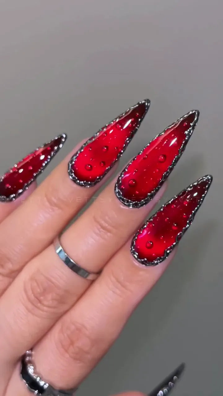 Crimson Aura | Handmade Gothic Blood Red 3D Water Drop Press-On Nails