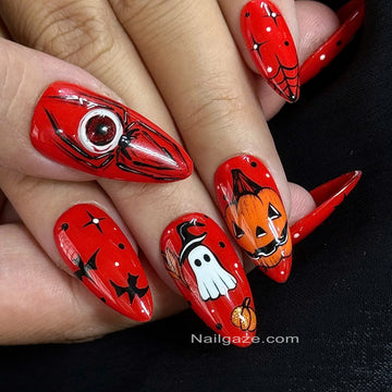 Creepy Crimson | Handmade Spooky Red Ghost Pumpkin Eyeball Press-On Nails