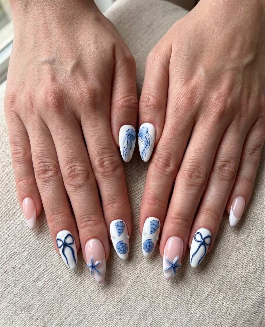 Coastal Tide | Handmade Hand-Painted Blue Ocean Jellyfish Press-On Nails