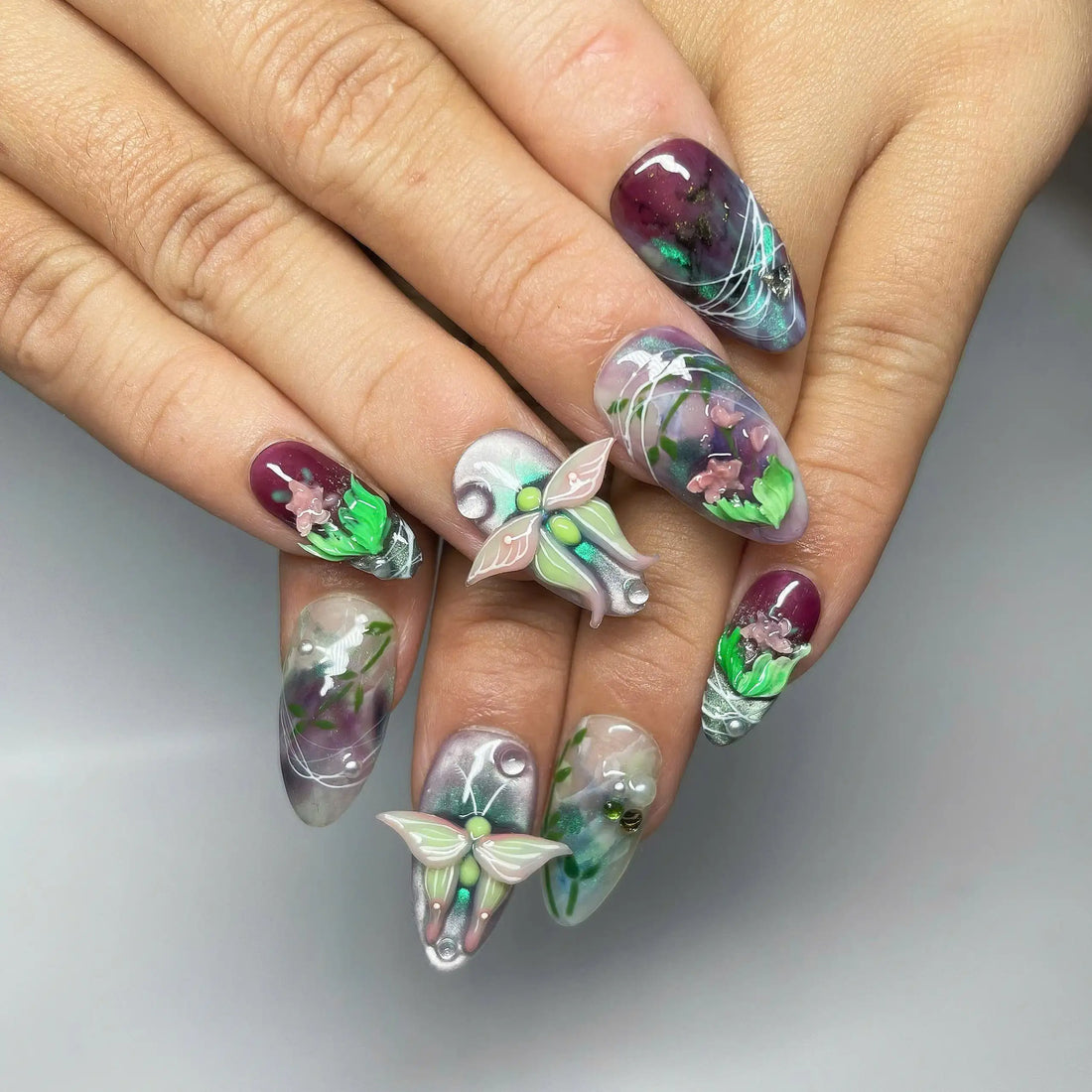 Elven Fantasy | Handmade 3D Moth Purple Green Press-On Nails