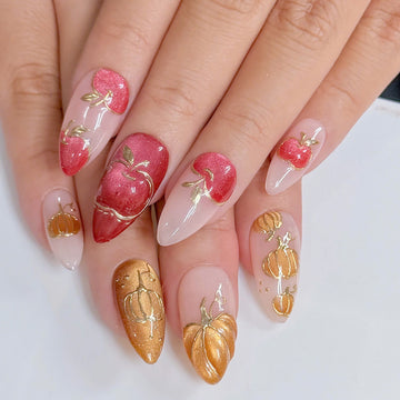 Autumn Glow | Handmade Cat Eye Gold Pumpkin Apple Fall Press-On Nails