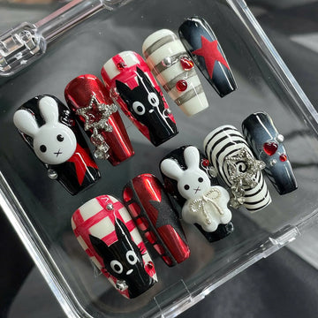 Gothic Bunny | Handmade Y2K 3D Cat Black Red Press-On Nails