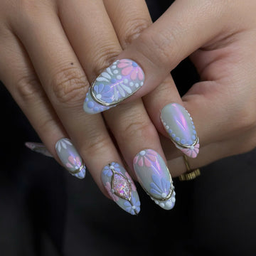 Fairy Blossom | Handmade 3D Pastel Floral Gold Chrome Press-On Nails (Copy)