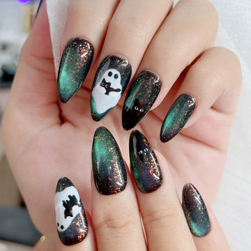 Mystic Midnight | Handmade Spooky Ghost Black Cat Green Cat Eye Press-On Nails