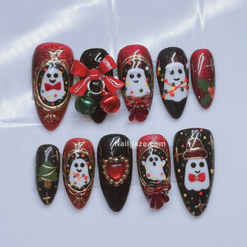 Holiday Haunt | Handmade Spooky Christmas Ghost 3D Bow Bell Press-On Nails