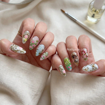 Lotus Bow | Hand-Painted 3D Vintage Floral Gold Chrome Lotus Press-On Nails