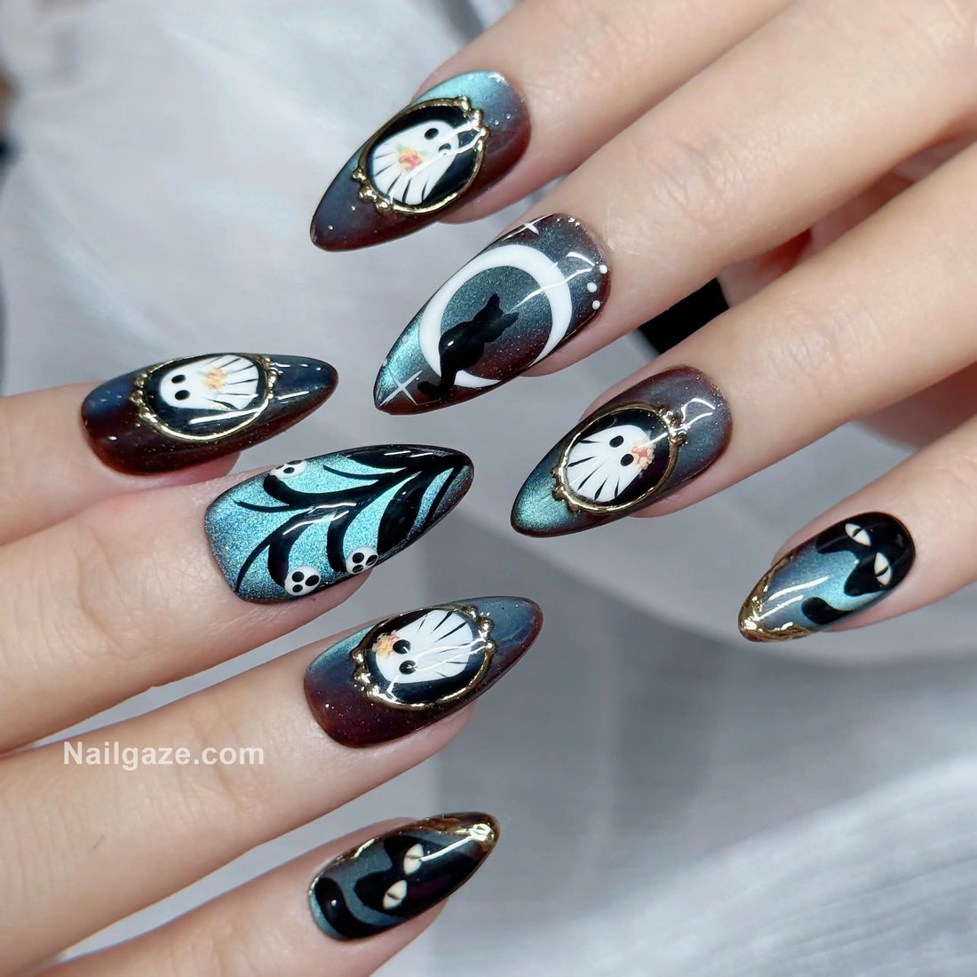 Teal Shadow | Handmade Cute Spooky Ghost Moon Black Cat Press-On Nails