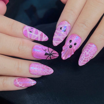 Pastel Boo | Handmade Pink Sparkle Kawaii 3D Ghost Mummy Press-On Nails