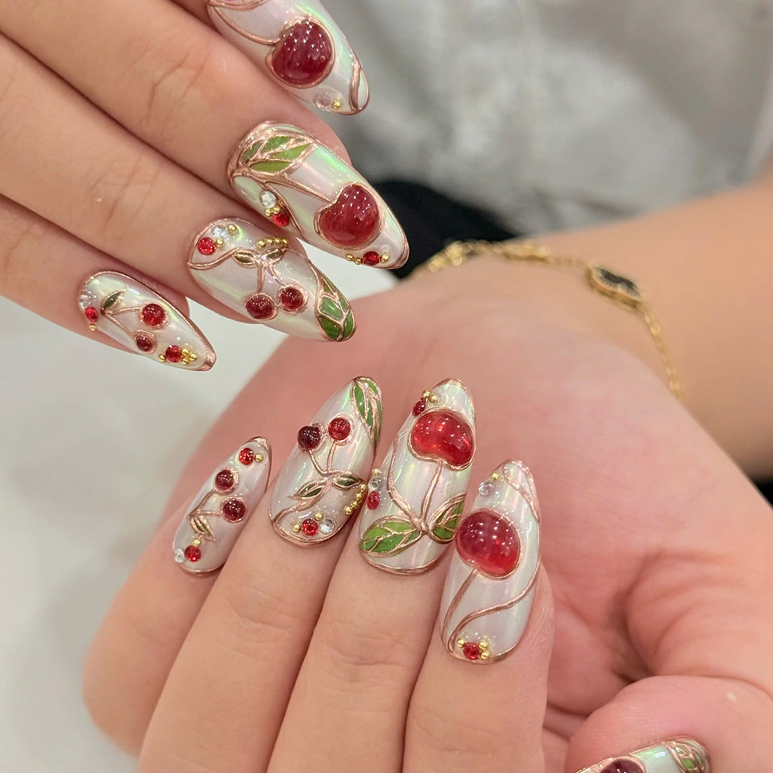 Pearl Cherry | Handmade Coquette 3D Fruit White Chrome Press-On