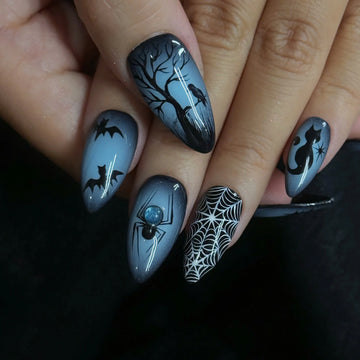 Midnight Web | Handmade Spooky Blue Black Ombre Bat Cat Press-On Nails