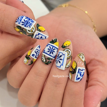 Amalfi Lemon | Handmade Italian Summer Blue Majolica Tile Press-On Nails