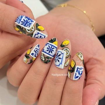 Amalfi Lemon | Handmade Italian Summer Blue Majolica Tile Press-On Nails