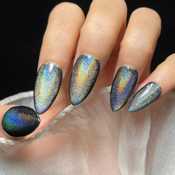Astral Prism | Handmade Holographic Black Rainbow Cat Eye Galaxy Press-On Nails