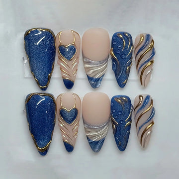 Astral Swirl | Handmade 3D Blue Gold Chrome Cat Eye Textured Heart Press-On Nails