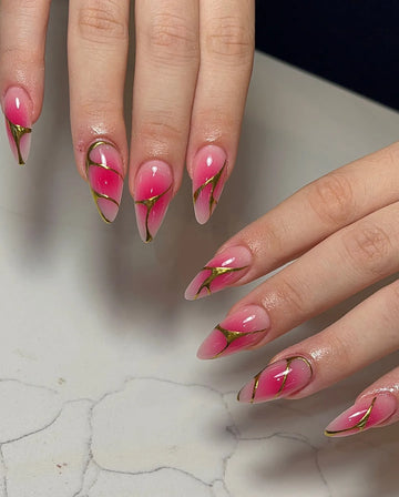 Aura Radiance | Handmade Pink Gradient 3D Gold Chrome Press-On Nails