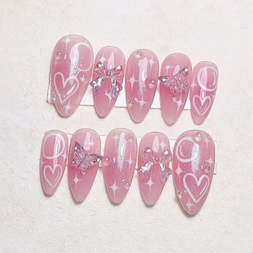 Aurora Bow | Handmade Pink Jelly Coquette Butterfly Heart Press-On Nails