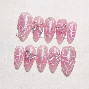 Aurora Bow | Handmade Pink Jelly Coquette Butterfly Heart Press-On Nails