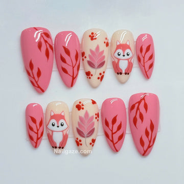 Autumn Fox | Handmade Kawaii Pink Woodland Fox Fall Reusable Press-On Nails