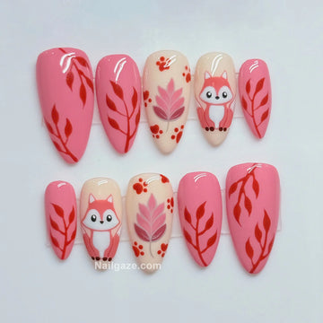 Autumn Fox | Handmade Kawaii Pink Woodland Fox Fall Reusable Press-On Nails