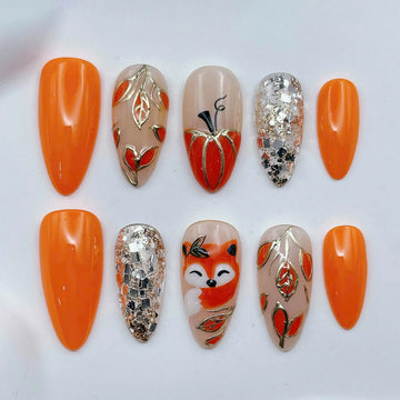 Autumn Fox | Handmade Orange Pumpkin Glitter Press-On Nails