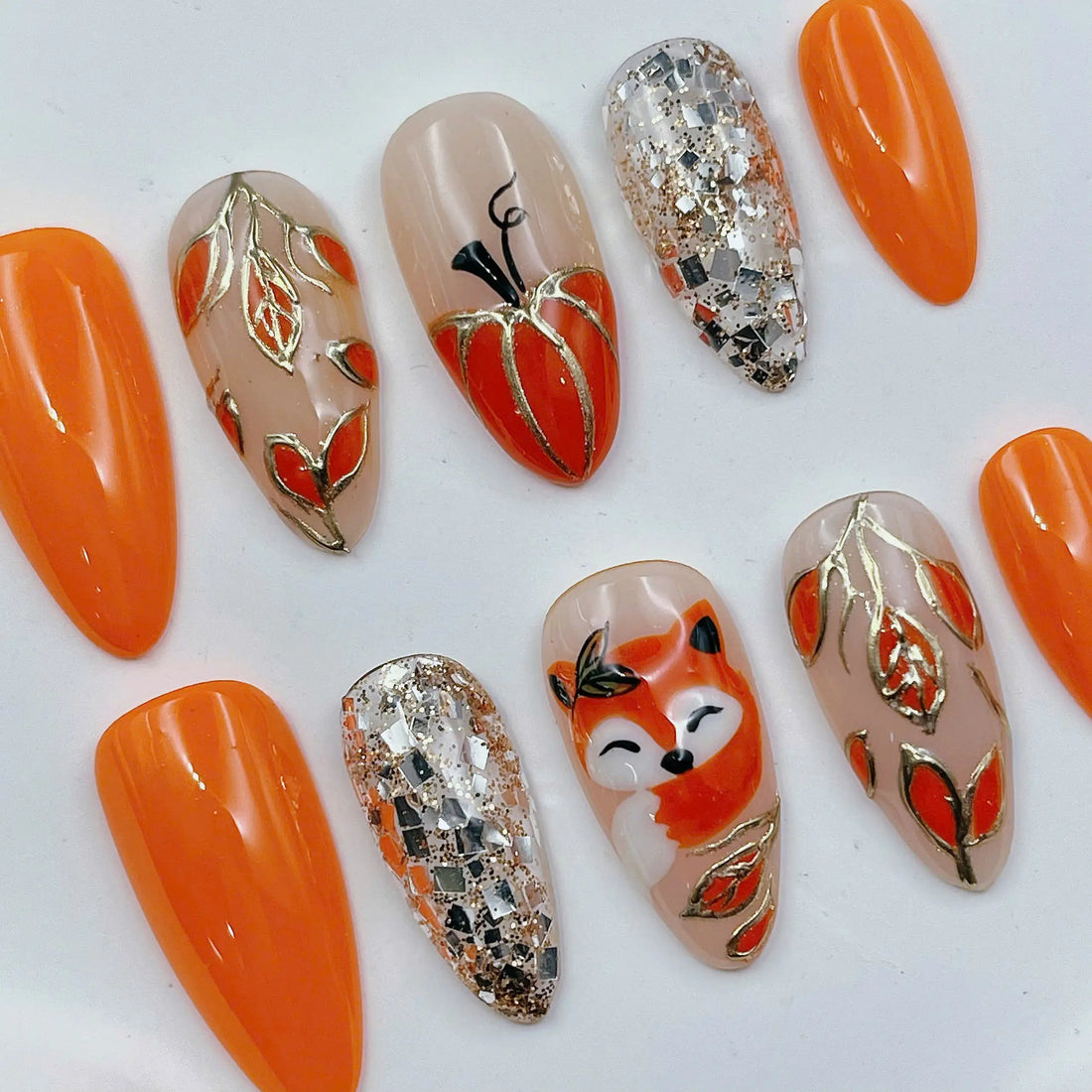 Autumn Fox | Handmade Orange Pumpkin Glitter Press-On Nails