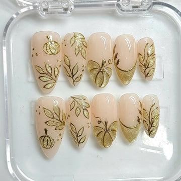 Autumn Glow | Handmade Gold Cat Eye Botanical Pumpkin Press-On Nails